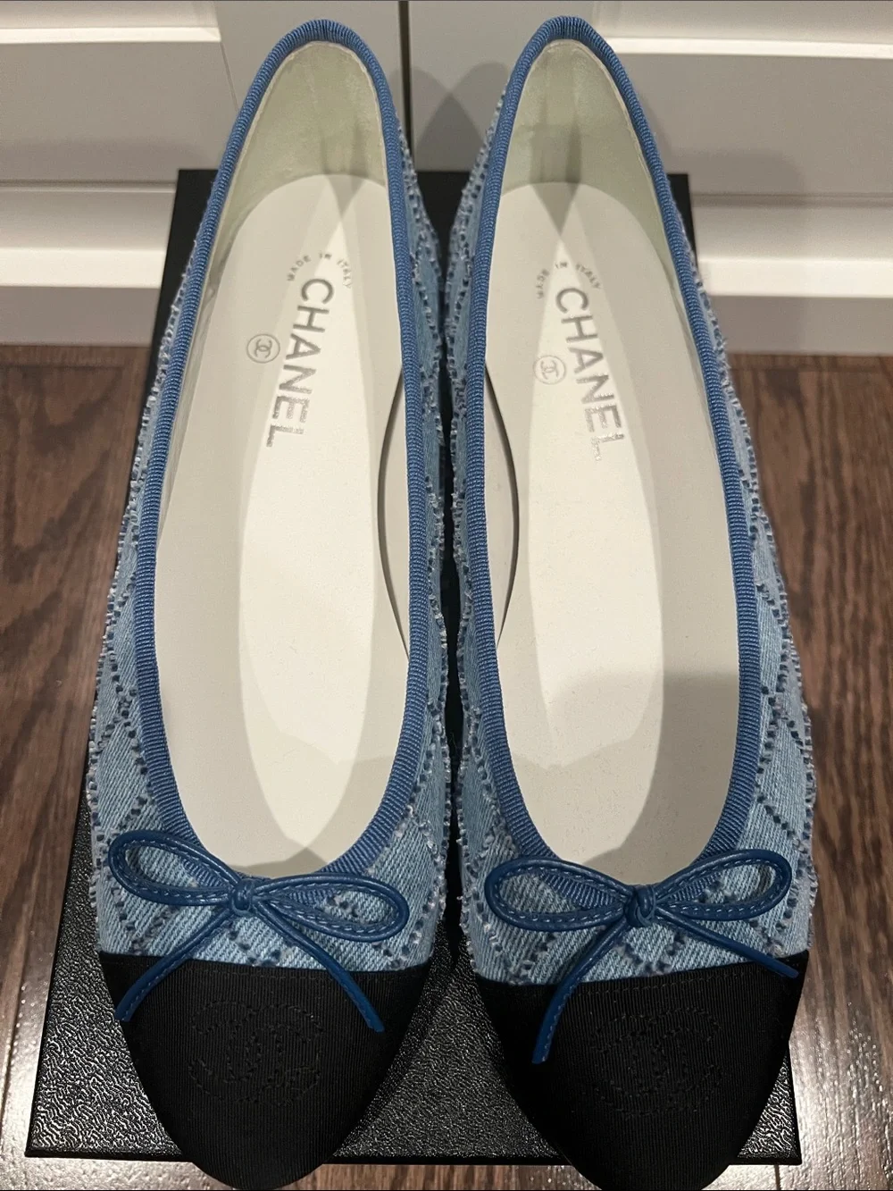 CHANEL Light Blue Denim and Black Cap-Toe Ballet Flats